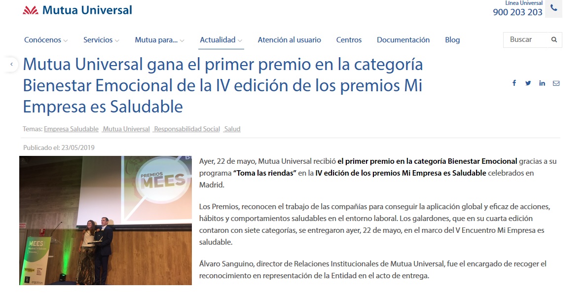 Mutua Universal gana el premio EMPRESA SALUDABLE con el apoyo de una consultora de Fundación Filia